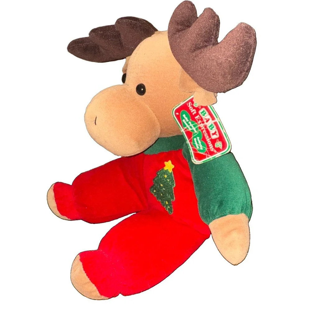 Vtg Baby Soft Expressions Moose Plush Velour Rattle Xmas Tree  13